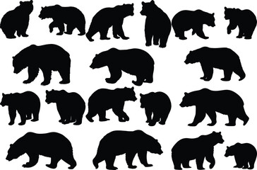 Set of bear silhouette vector illustration, bear in various pose