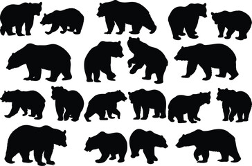 Set of bear silhouette vector illustration, bear in various pose