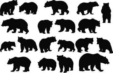Set of bear silhouette vector illustration, bear in various pose