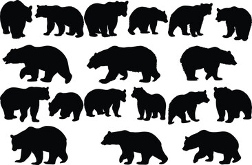 Set of bear silhouette vector illustration, bear in various pose