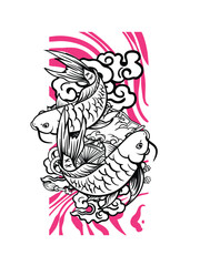 koi fish illustration design for sukajan is mean japan traditional cloth, black, white and pink vibrant colours dynamic style