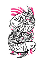 koi fish illustration design for sukajan is mean japan traditional cloth, black, white and pink vibrant colours dynamic style