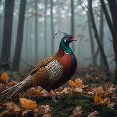 Fototapeta premium A beautiful pheasant in a misty autumn forest.