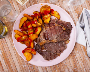 Appetizing beef entrecote with baked potatoes served at plate
