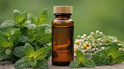 Aromatic brown glass bottle with wooden lid surrounded by fresh mint leaves and chamomile flowers in outdoor setting - Powered by Adobe