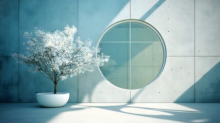 Minimalist Modern Interior Design Blooming Tree Potted Plant Concrete Wall Oval Window