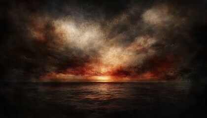 Dramatic sunset over a stormy sea.  A fiery, ominous sunset bleeds across a tumultuous sea, shrouded in ominous clouds