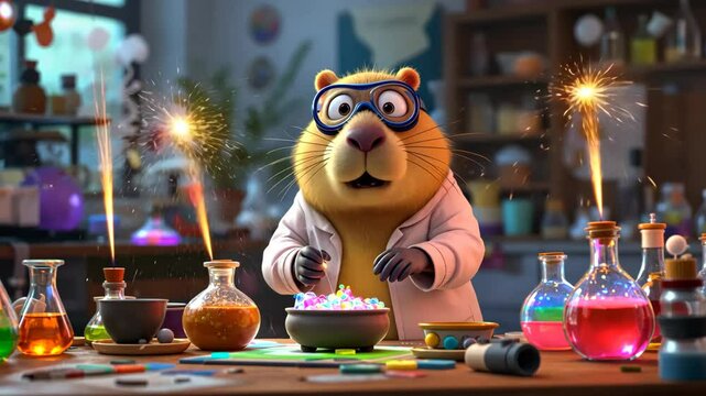 Cute beaver scientist with lab coat mixing ingredients in laboratory