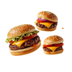 Three juicy cheeseburgers with sesame seed buns, lettuce, tomato, and onion, floating against a transparent background.