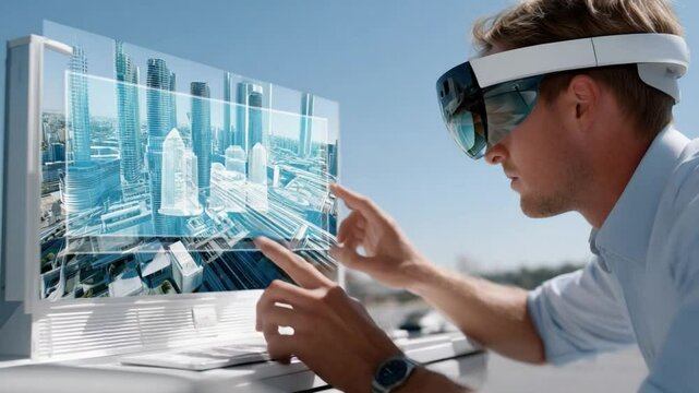 Architectural Visionary: A modern man with advanced augmented reality technology, visualizing architectural designs with intricate details against a backdrop of a clear blue sky. 