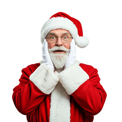 A surprised Santa Claus in a red suit and hat with white gloves, holding his face in shock, on a transparent background.
