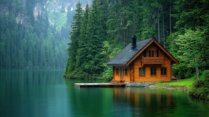 Fototapeta premium Serene Lakeside Cabin Retreat: A Picturesque Wooden House nestled amidst lush greenery and tranquil waters, reflecting the mountain's beauty.