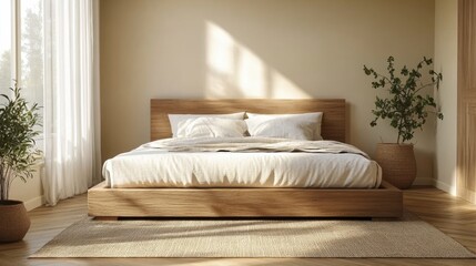 Front view of a simple bed frame in a neutral minimalist bedroom, cream walls, and plain hardwood floors, soft lighting 