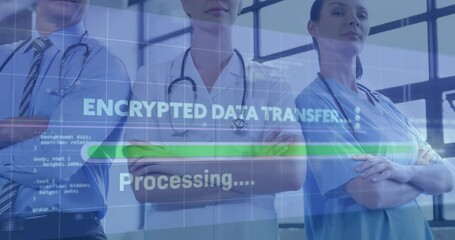 Medical team standing with stethoscopes, showcasing encrypted data transfer interface - Powered by Adobe
