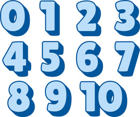 Fun 3D blue numbers from 0 to 10 with shadow effect. Ideal for kids&rsquo; learning, math games, posters, educational printables, or digital resources in schools and preschool materials.