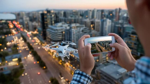 Drone Photography of Cityscape: A person captures a stunning aerial view of the city. A drone hover as the person uses a phone to take a picture with a futuristic and modern technology.
