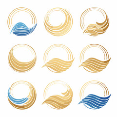 Vector set of abstract line circle luxury logos, art deco golden organic wave signs. Round water shape, royal oriental graphic design.