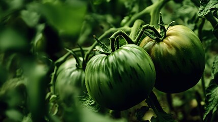 Juicy Green Tomatoes Growing on Vine in Lush Garden