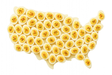 PNG cut out isolated background. A creative arrangement of deviled eggs forming the shape of the United States, with seasoned yolk filling and sprinkled herbs on each egg half.