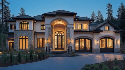 Luxury Mansion at Dusk: Architectural Grandeur in a Serene Setting