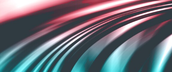 Naklejka premium pink and green abstract flowing wave with motion blur and halftone texture