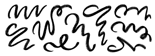 Black squiggle paint line set. Wiggly brush stroke collection. Charcoal curly flourish pack for highlight, underline, emphasis. Crayon wavy undulate strips. Rough chalk scribble swoosh stripes. Vector