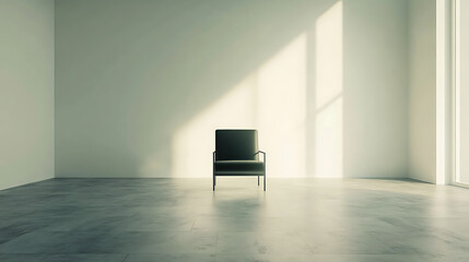 A black chair is sitting in a room with a white wall