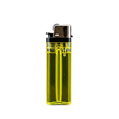 A bright yellow disposable lighter with a silver top is shown against a transparent background. The lighter is rectangular and partially translucent, revealing the fuel inside.