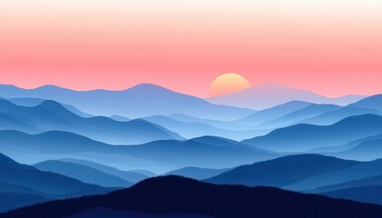 Misty mountain range at sunrise.  Soft, pastel colors of dawn paint the peaks