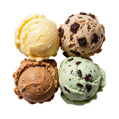 Four scoops of delicious ice cream with chocolate chips, on a transparent background.  Vanilla, coffee, and mint chocolate chip flavors are shown in a square arrangement.
