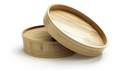 Photorealistic image of a bamboo photo frame with sturdy lid on a white background