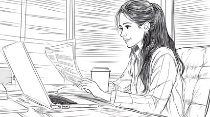 A woman is sitting at a desk with a laptop and a cup of coffee