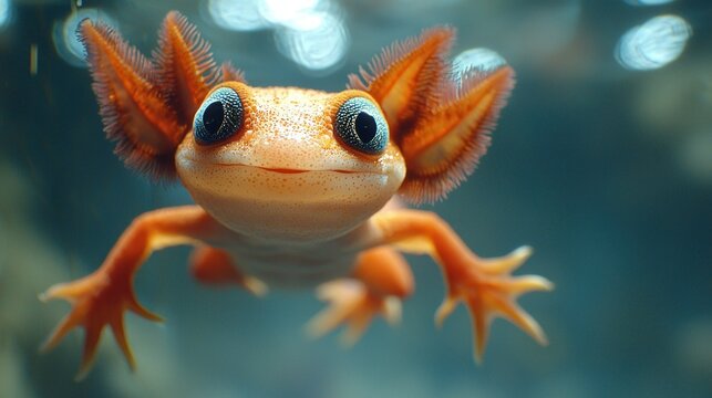 Adorable Axolotl Underwater Portrait: A Captivating Close-up of an Orange Axolotl with Big Eyes in an Aquatic Environment