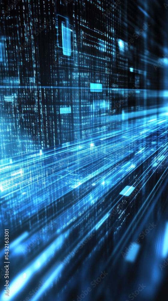 Poster a blue and white image of a computer screen with a blue line that is filled with numbers
