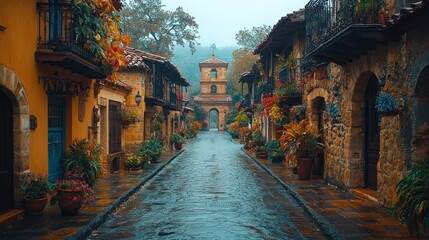 Naklejka premium Rainy Day in a Charming Medieval Village
