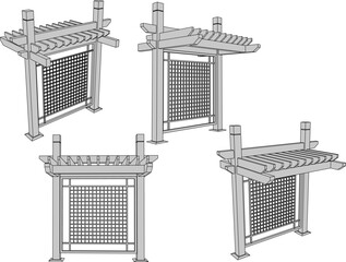 vector sketch illustration of wooden pergola design silhouette with vines for shade decoration in the garden  