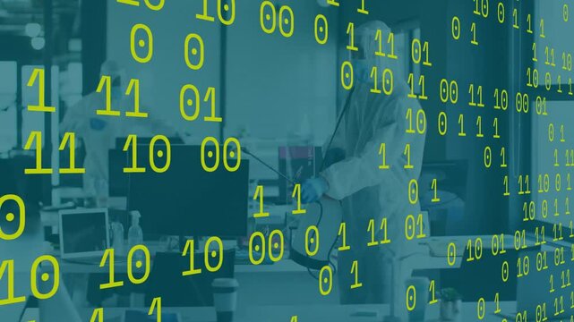 Two men in hazmat suits spraying office desks, with floating binary code signaling technology