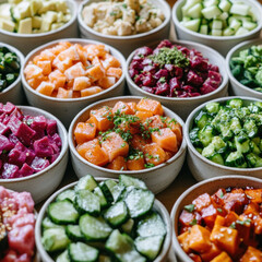 A variety of colorful bowls filled with different types of vegetables and fruits. The bowls are arranged in a row, with some bowls containing more vegetables than others. Scene is healthy and colorful