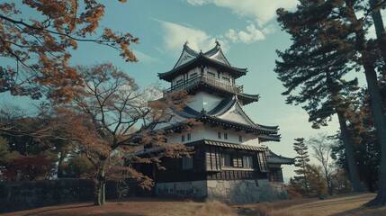 Naklejka premium Autumnal Japanese castle keep, trees, sunlight, travel