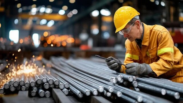 Industry Expert Scrutinizing Production: A seasoned industry professional, clad in safety attire, meticulously inspects rows of raw materials in a factory setting, with sparks flying.