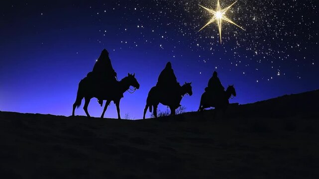 Silhouette of three hooded figures riding camels at night under a bright star, blue gradient sky, desert landscape, religious holiday, spiritual journey