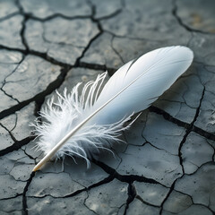 A delicate white feather lies gently on a cracked, dry surface, symbolizing contrast between softness and harshness, fragility and resilience.