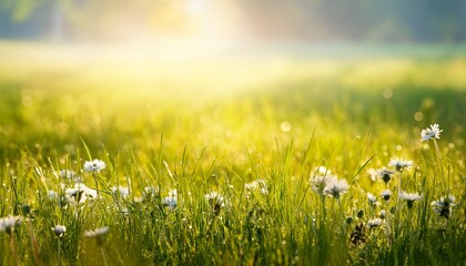 Fototapeta premium summer background with sunny day in the grass field and some wildflowers
