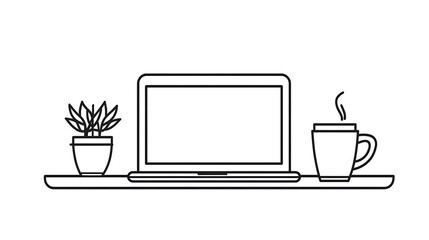 A laptop and a mug of coffee sit on a table next to a potted plant
