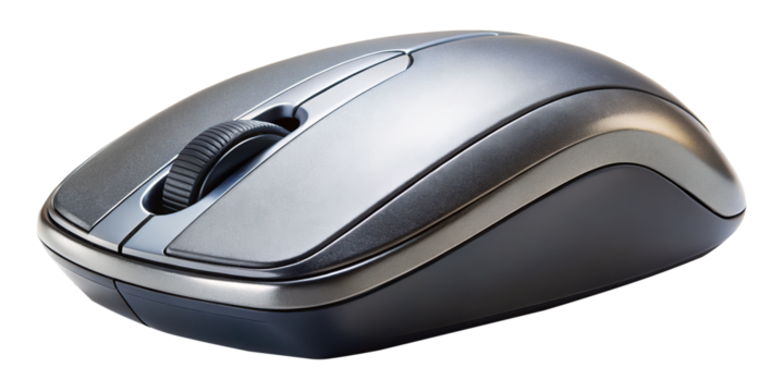 Wireless computer mouse with scroll wheel isolated on transparent background in studio