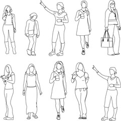 vector sketch illustration silhouette design image of woman with various activities in a relaxing pose with casual fashion  