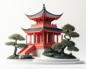 Obraz premium Red Chinese pagoda model with bonsai trees, isolated on white. Ideal for architecture, Asian culture, and design projects.