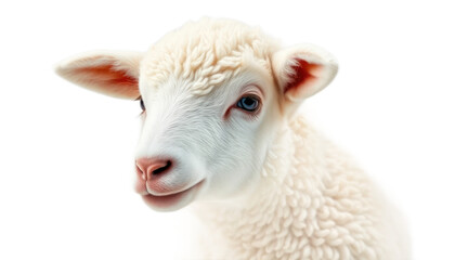 Fototapeta premium Closeup Of A Fluffy White Lamb With Pink Ears And Blue Eyes On Transparent