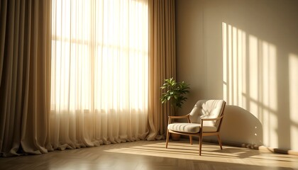 Serene Sunlight Illuminates Modern Living Room with Beige Curtains and Armchair