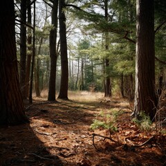 Obraz premium Serene Forest Path with Tall Pine Trees and Soft Sunlight Illuminating the Ground in a Peaceful Natural Woodland Setting